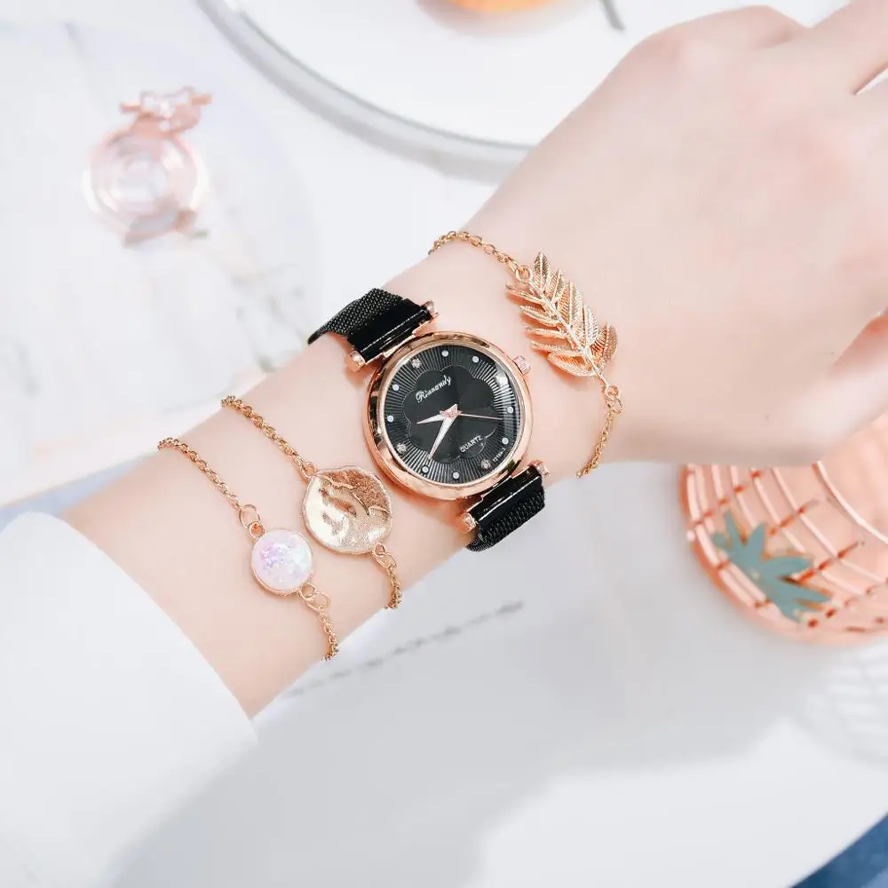 

Luxury Set Watch Women Magnet Buckle Flower Women Watch Bracelet Rose Gold Rhinestone Dress Ladies Watch Gift Set montre femme