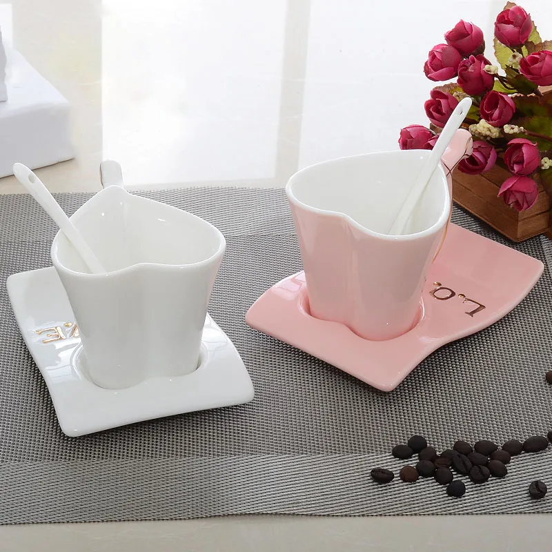 Cup Bone China Ceramic heart cup creative couple set coffee with spoon gift pink white | Дом и сад