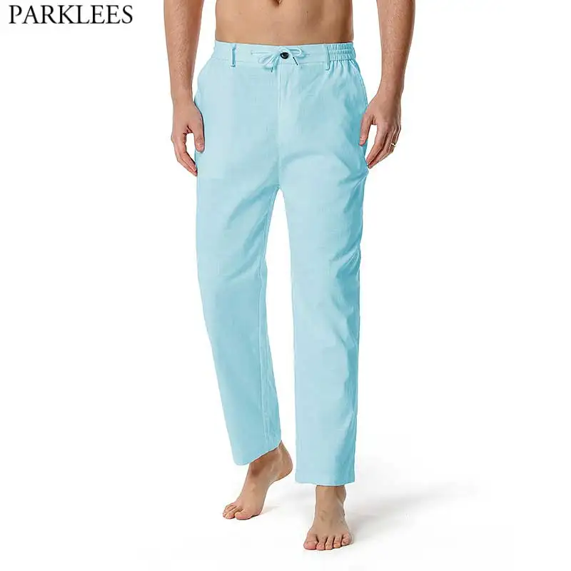 

Мужские хлопковые льняные брюки с эластичной резинкой на талии и пуговицами, мужские легкие летние повседневные брюки для йоги 3XL