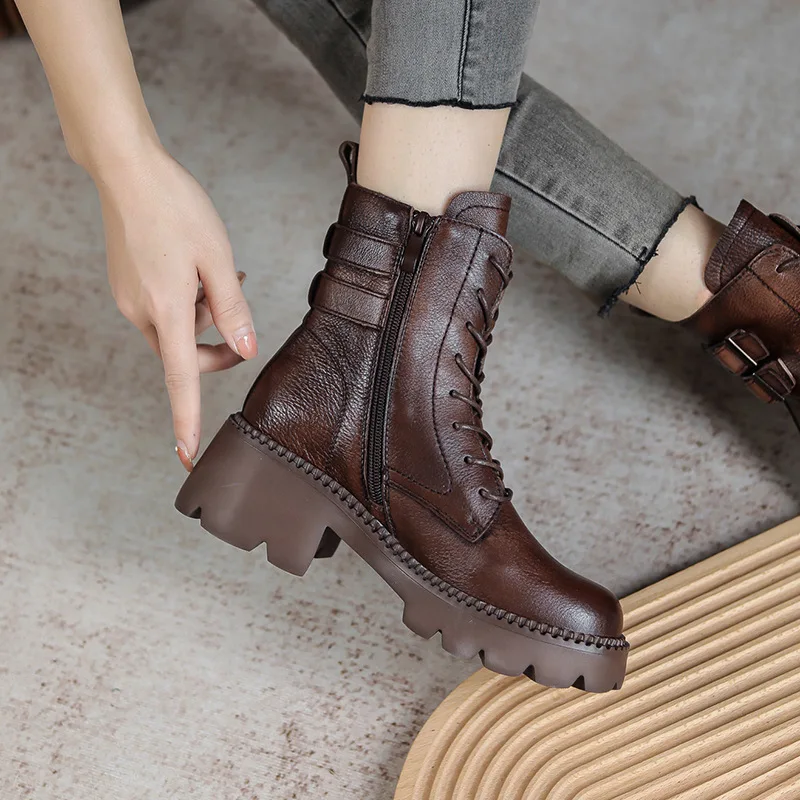 

Women's Winter Boots 2021 Leather Mid-tube Martin Boots Belt Buckle British Style Thick-soled Retro Genuine Leather Ankle Boots