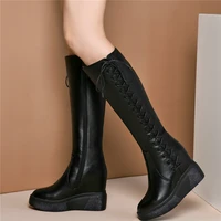 women lace up genuine leather wedges high heel knee high boots female winter warm pointed toe thigh high platform pumps shoes
