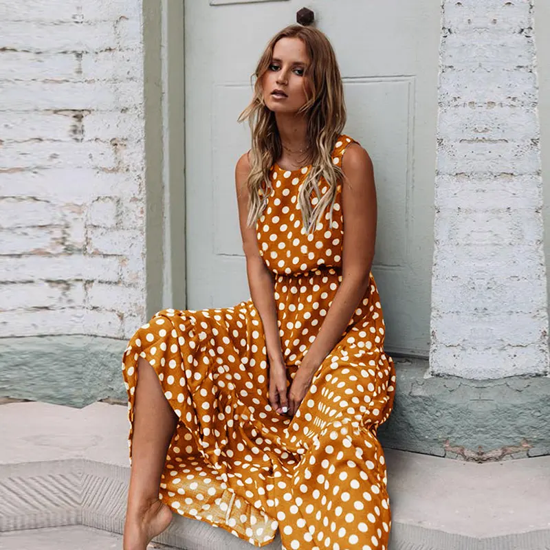 

2021 New Summer Polka Dot Dress Women Casual O Neck Sleeveless Tank Dress Ladies Long Wrap Sundress Plus Size