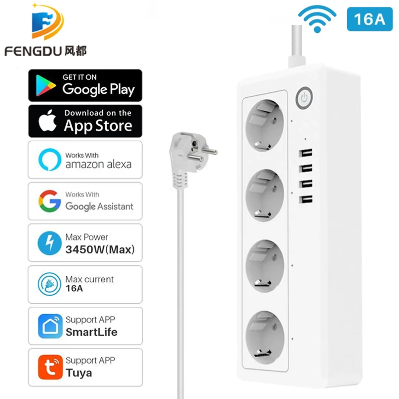 Smart Home Power Strip Plug 4 EU Socket Outlets With 4 USB Port Timing Voice Control Works With Alexa Google Assistant