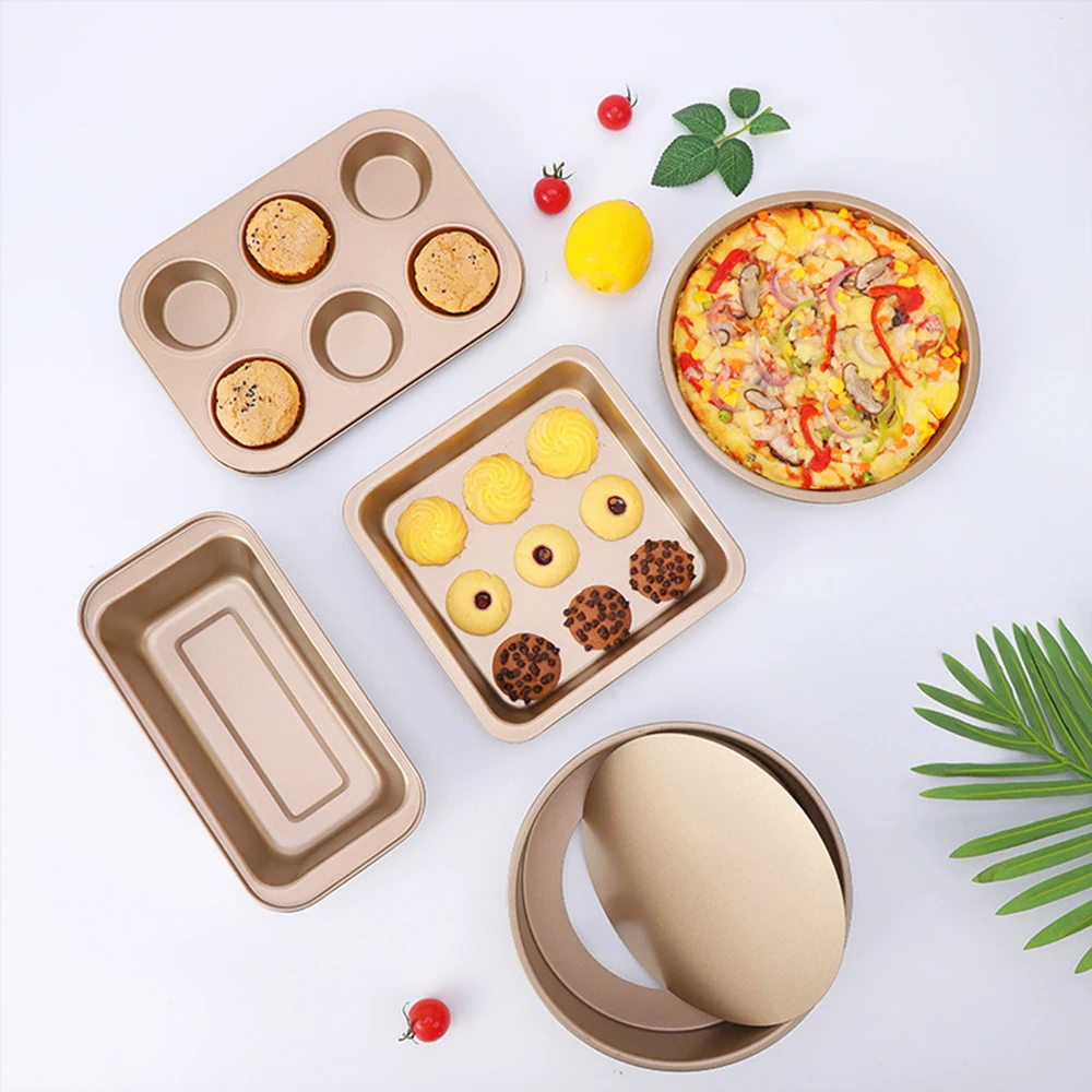 

5PCS Cake Mould Baking Set Golden Carbon Steel Baking Plate Pizza Biscuits Mold Kitchen Bakeware for Oven Household Non-Stick