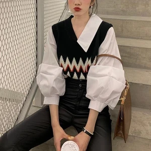 Винтаж Лоскутная вязаная блузка Для женщин с длинными рукавами-фонариками с фальш-вставкой, блузки свободные топы Рубашки Блузы mujer