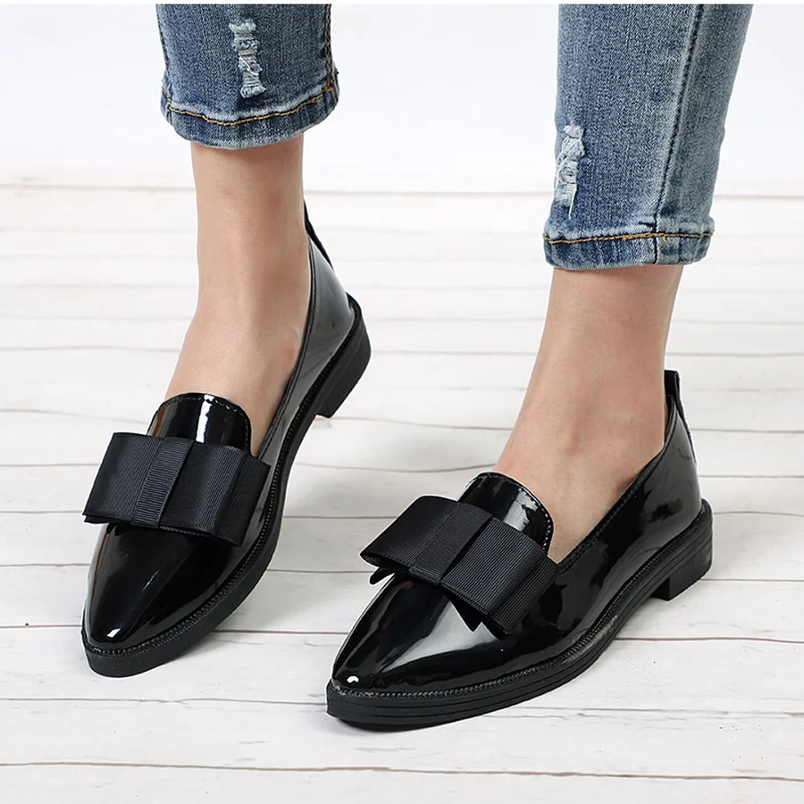 

Pop Spring Flats Women Shoes Bowtie Loafers Patent Leather Elegant Low Heels Slip On Footwear Female Pointed Toe Thick Heel yuj