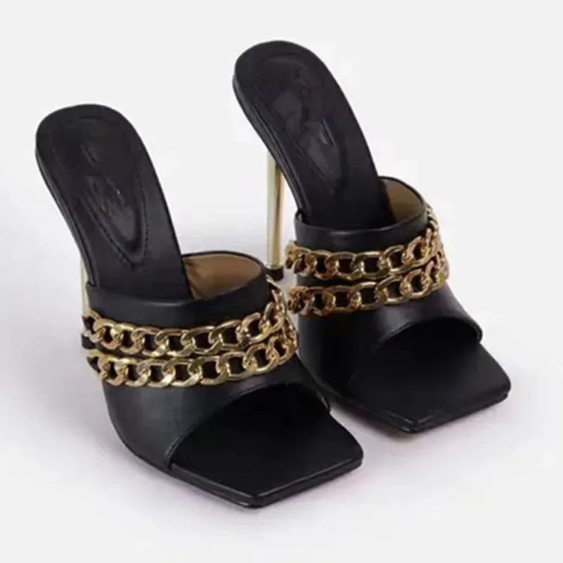 

2021 Summer Fashion New Female High Heels Korean Metal Chain All-Match Slippers