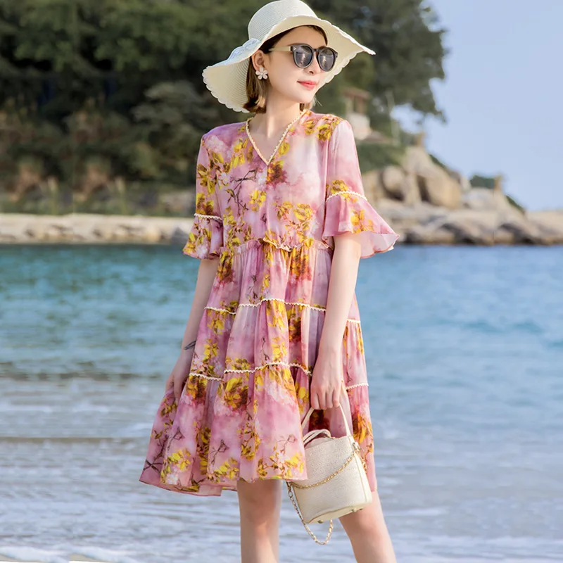 

Silk dress 2021 summer new product sweet little lace collar trumpet sleeve cake skirt swing skirt