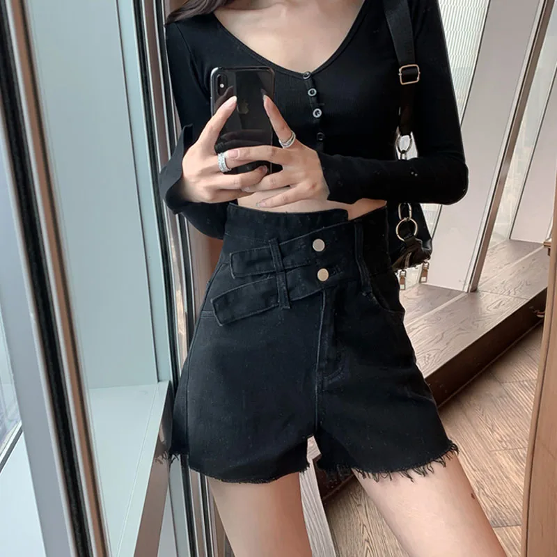 

Женские джинсовые шорты с асимметричным подолом и высокой талией, новинка 2021, однотонные джинсовые шорты, повседневная пикантная модная ул...