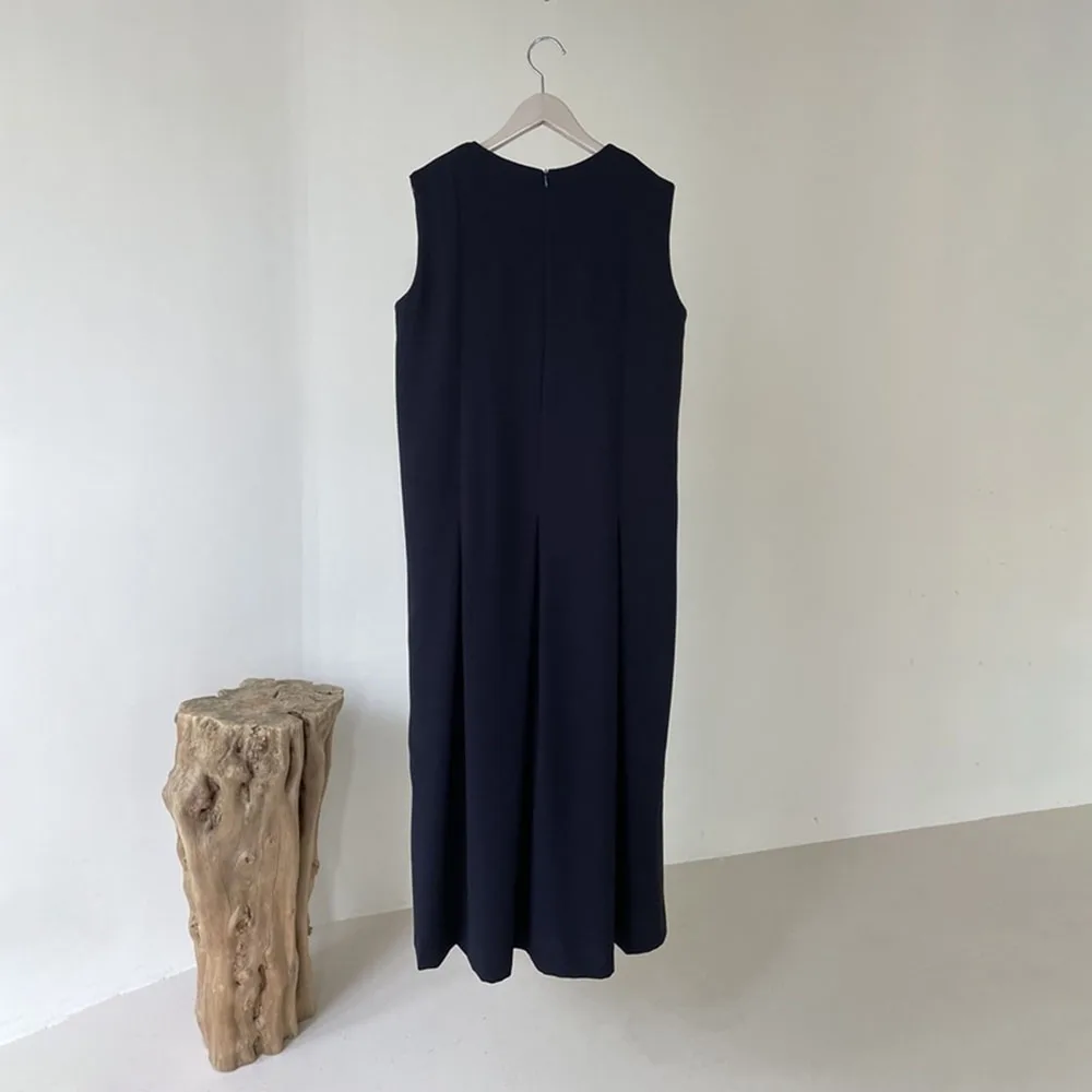 

2021 Summer New Retro Elegant Long Dress Solid Color Round Neck Sleeveless Japanese Style Fashion Loose Casual Simplicity Women