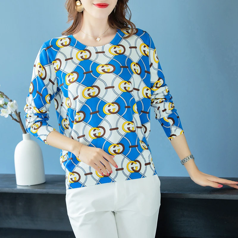 Luxury Designer Brand Runway Sweater Women Elegant Long-sleeve Loose Printed Knitted Pullovers Soft Tops Feminino New | Женская одежда