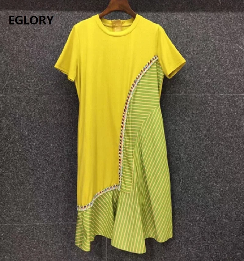 High Quality New Long TShirt Dress 2021 Spring Summer Casual Ladies Striped Print Patchwork Short Sleeve Yellow Black Dress