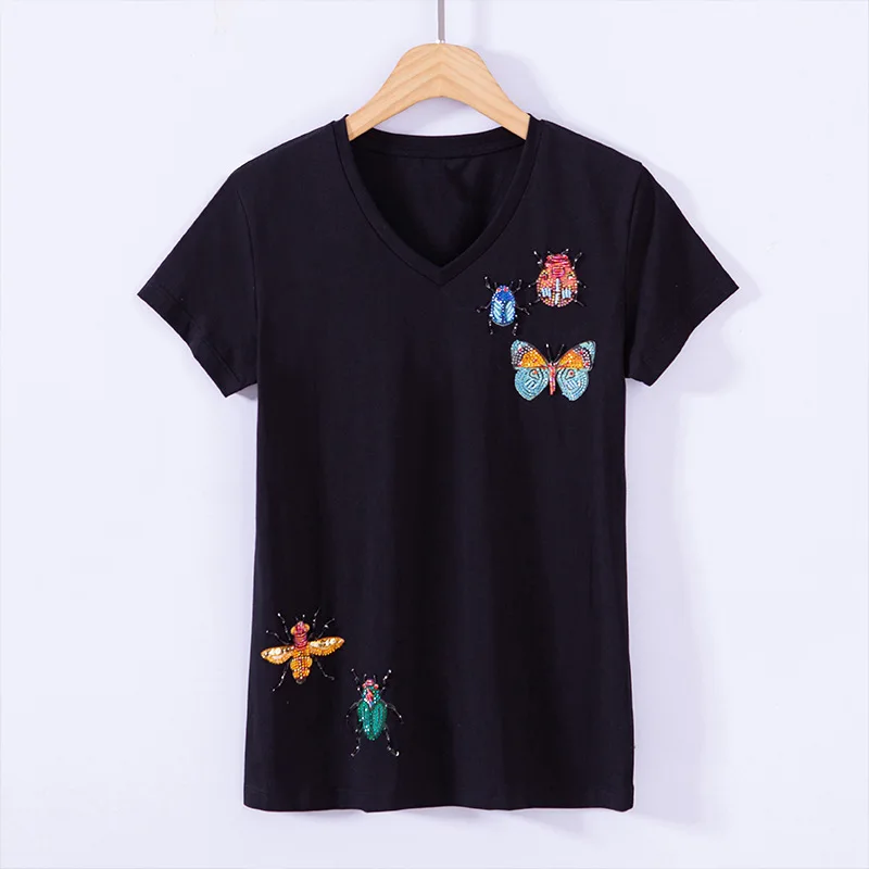 

Spring and summer new V-neck hand nailed bead inlaid insect short sleeve women's T-shirt slim versatile women's T-shirt 3212