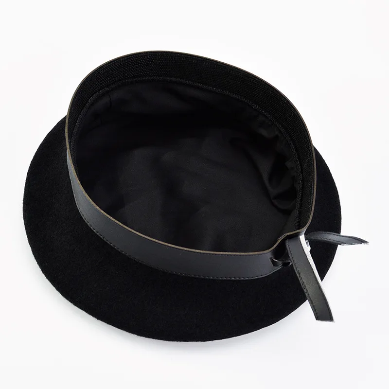 

Wool Beret Women's Winter Hat Pu Leather Brim Woolen Beret Cap Painter Hat Female Boina Feminina England Gorras Black Retro