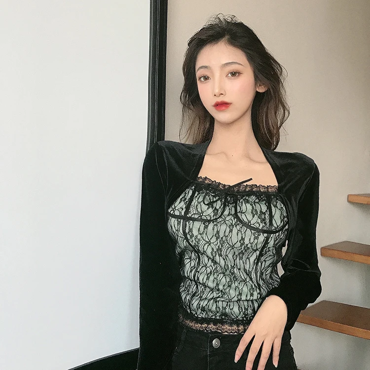 

Long Sleeve T-shirts Women's Clothing Spring Autumn Fashion Square Collar Slim Tees Lace Patchwork Slim Ladies Tops Ins Hipster