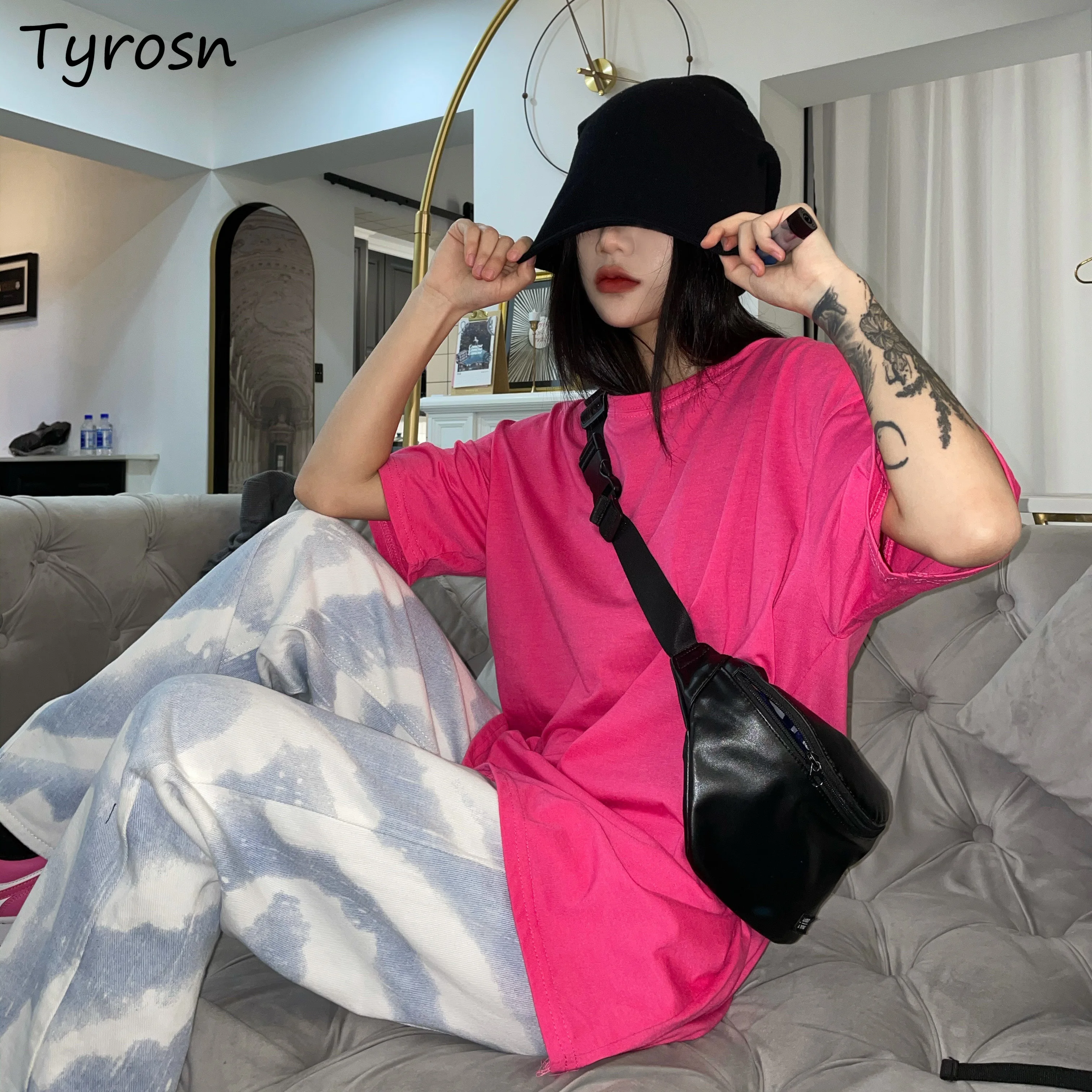 

Женская футболка с коротким рукавом, однотонная свободная универсальная уличная одежда в стиле Харадзюку, Молодежные винтажные Топы в Коре...