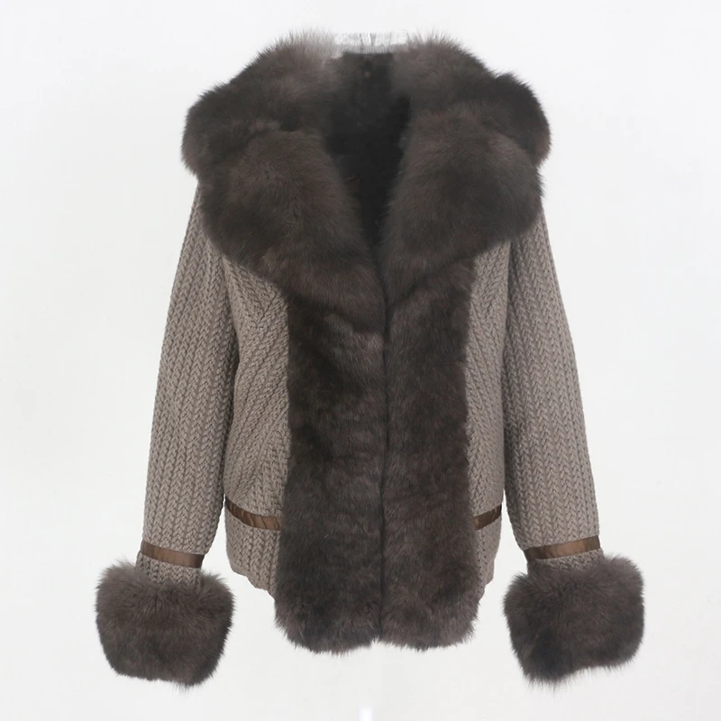

Vogue New Real Fur Coat Winter Jacket Women Natural Big Fox Fur Collar Cuffs Thick Warm Outerwear Streetwear New Fashion Brand