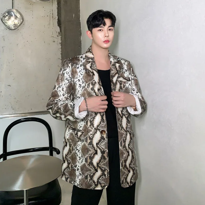 Мужской винтажный кожаный блейзер со змеиным принтом на осень/зиму|Пиджаки| |