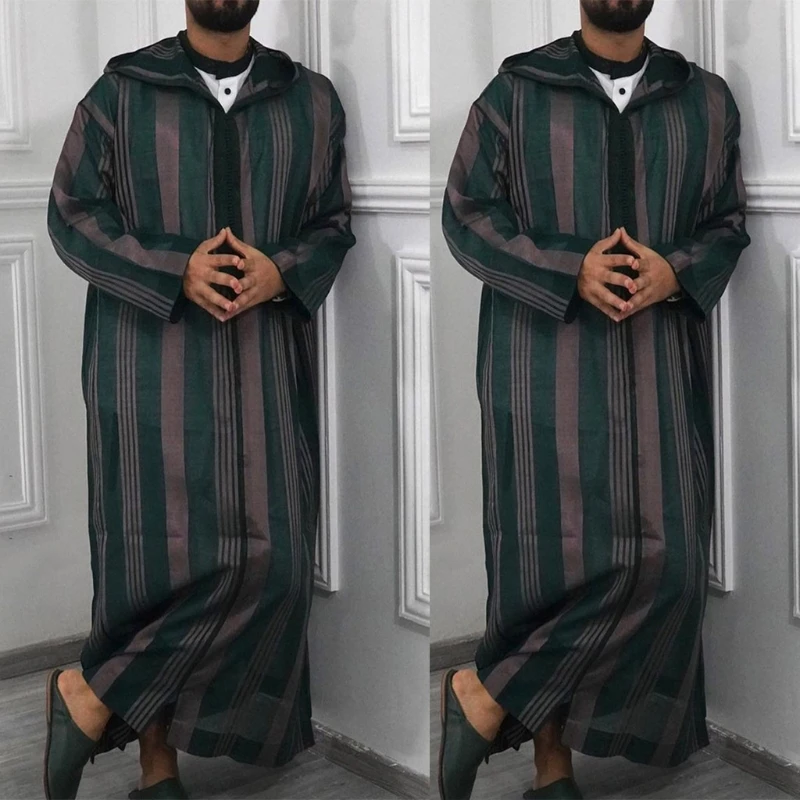 Lapel Muslim Mens Long Sleeve Thobe Middle East Saudi Arab Kaftan Islamic Abaya Dress Dubai Robes with Striped Pattern