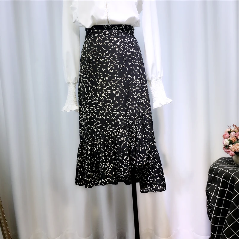

Irregular Floral Chiffon Skirt for Women New Spring Summer Medium-long Printing Mermaid-skirts Female Mid-calf Fishtail Skirt