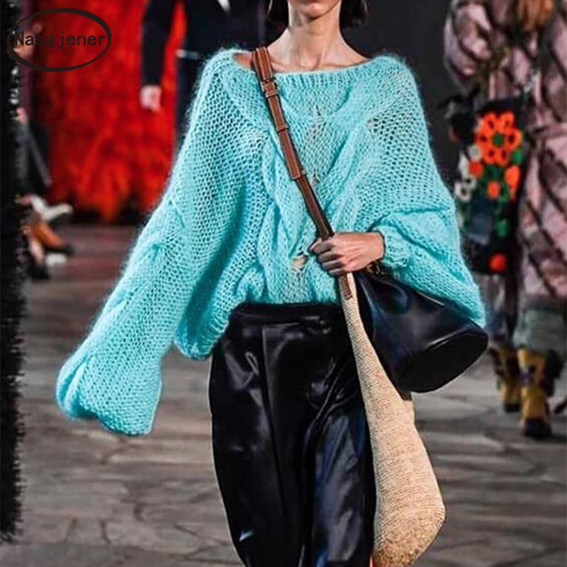 Осень Зима Мода Один размер оранжевый вязаный свитер женские фонари рукав волна