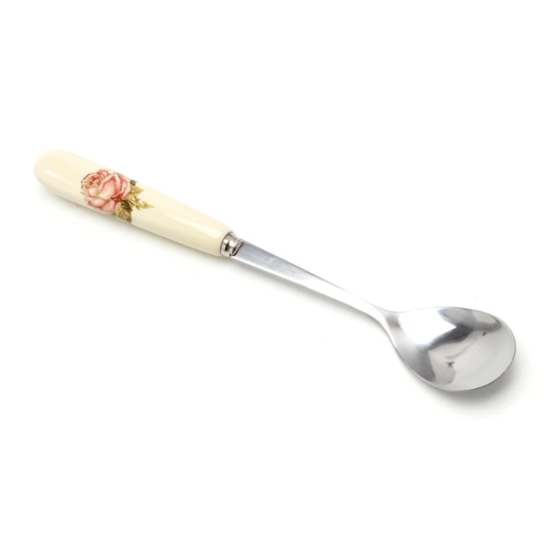

Ceramic Handle Spoon Stainless Steel Dessert Coffee Spoons Ice Cream Teaspoon