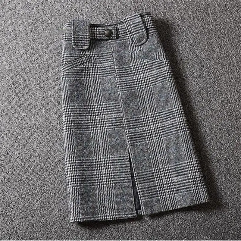

Women 2020 Spring Autumn Knitted Sets Long Sleeve Slim Sweater + Medium-long High Waist Plaid Skirt Suits Chic Sets Outfits V142