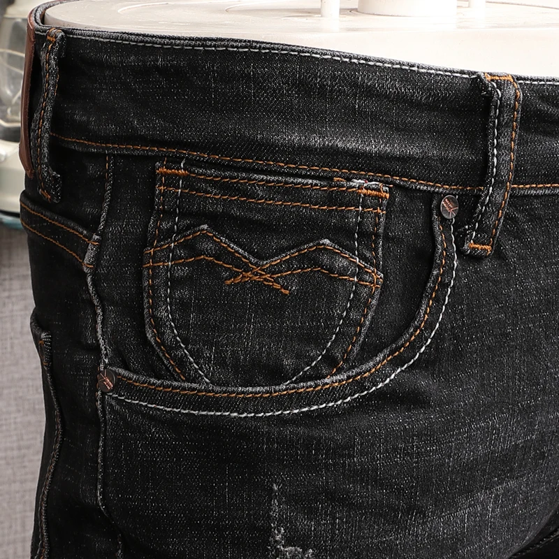 European American Street Fashion Men Jeans Retro Black Gray Slim Fit Ripped Jeans Men Distressed Vintage Designer Denim Pants