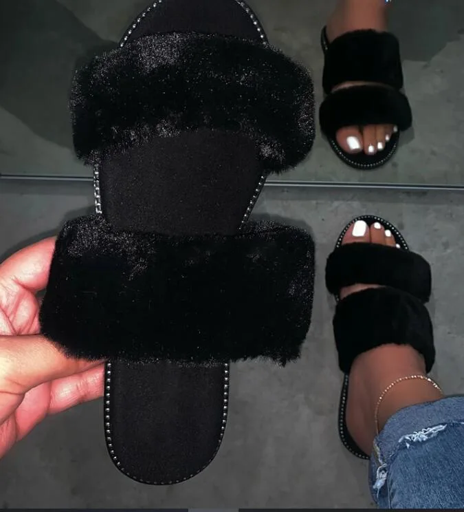 

2019 Fur Slippers Women Fox Fur Slides Home Furry Flat Sandals Female Cute Fluffy House Shoes Woman