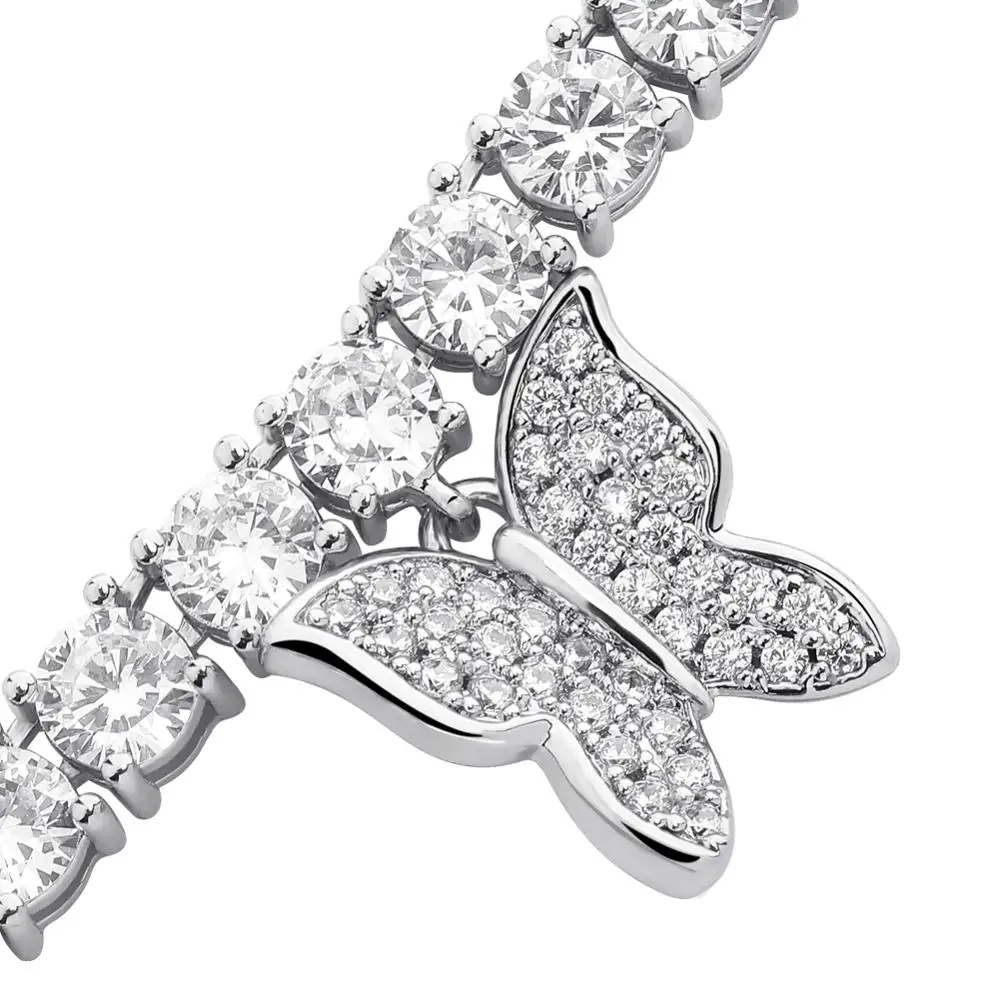 

GUCY Butterflys Pendants 4MM Tennis Chain Choker Necklace Iced Out Cubic zircon Bling Hip Hop Charm Jewelry For Men Women