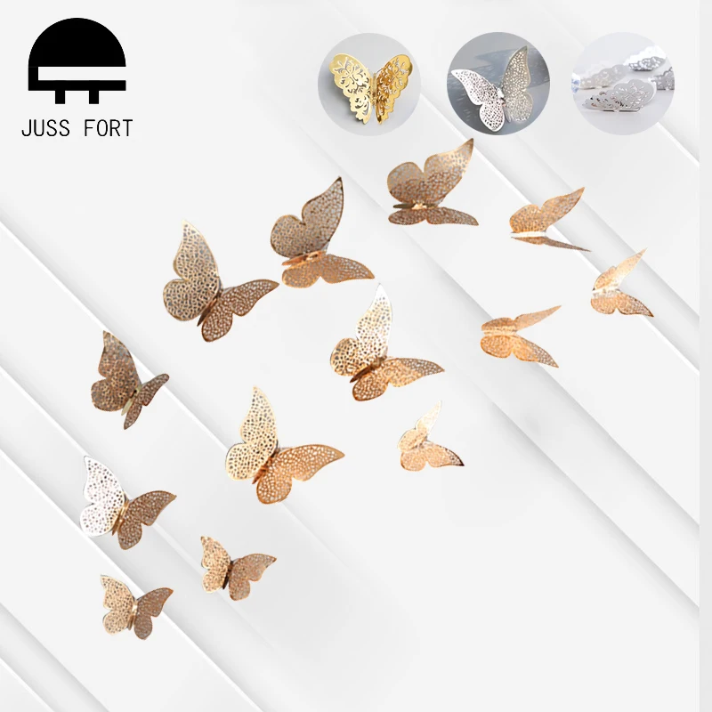 12 шт./компл. 3D наклейки на стену бабочка полые бумага 3 размера Серебро Золото для