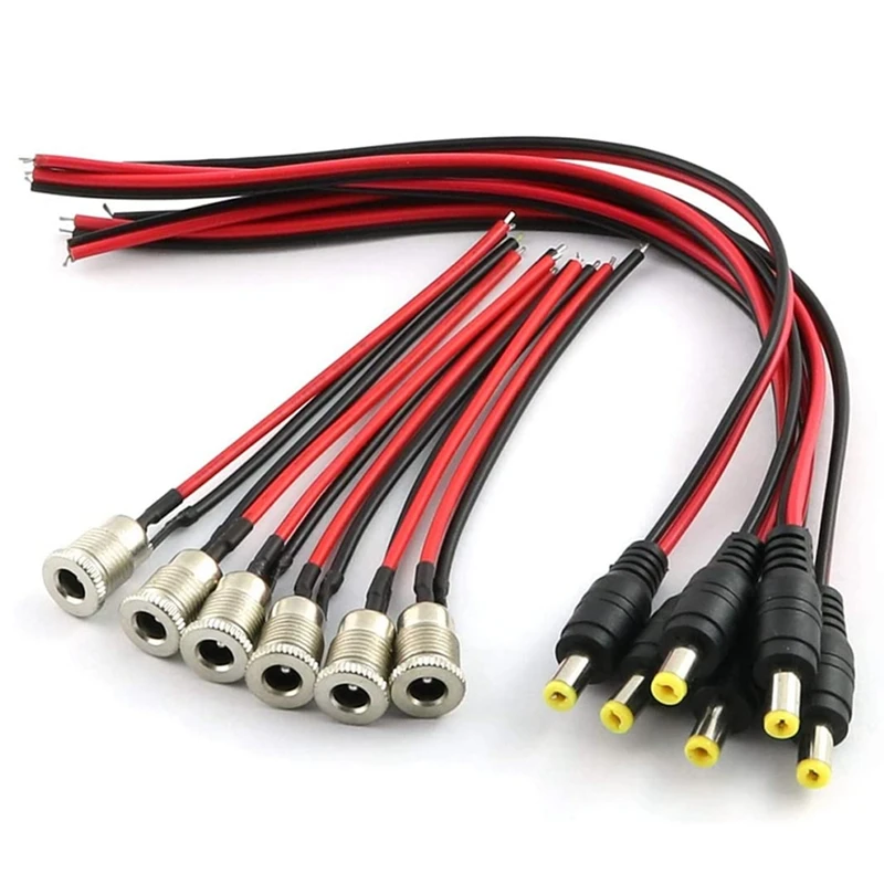 

6Pcs DC Power Connectors 5.5 x 2.1mm Female Socket with Threaded Socket with Cable and Male Barrel Socket Plug with Wire