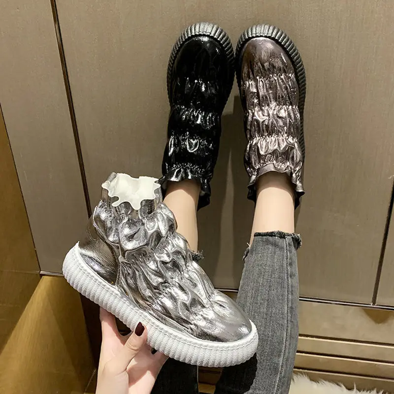 

Bread Cotton Padded Shoes Down Flats Ankle Boots Women Outside Wear Winter New Plush Warm Pregnant Female Soft Soles Shoes White