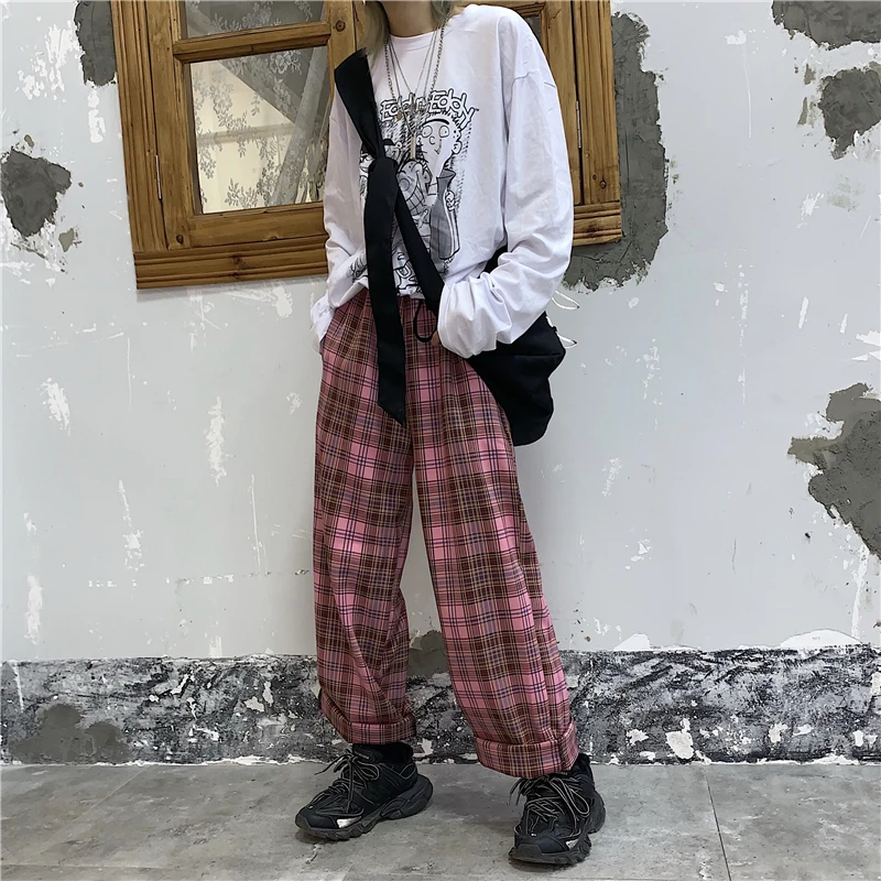 

Для женщин корейский стиль штаны в клетку в стиле Харадзюку женские мешковатые штаны Для женщин Винтаж широкие брюки в клетку Японская улич...