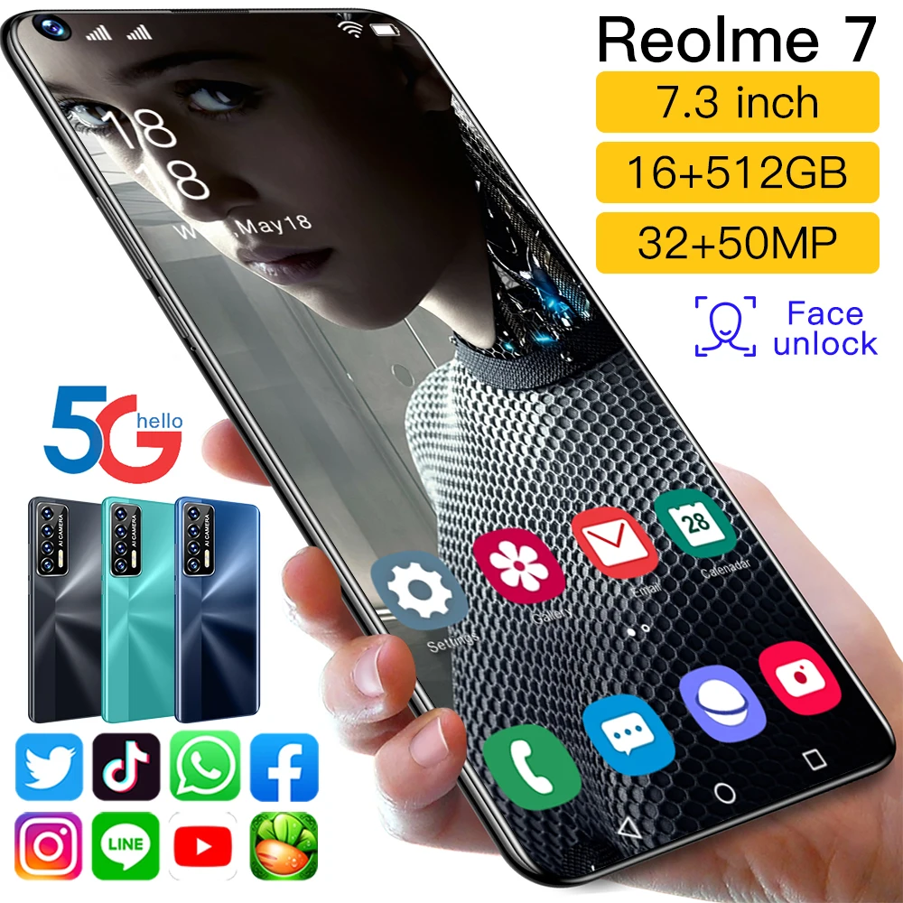 

Смартфон глобальная версия Reolme7, 7,3 дюйма, 16 ГБ + 512 ГБ, две SIM-карты, 6800 мАч, большая батарея, 32 + 50 МП, HD-камера, смартфоны, 4G, смартфон