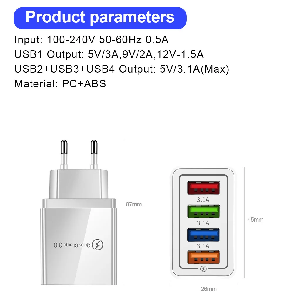 Зарядное устройство с 4 USB-портами и поддержкой быстрой зарядки 48 Вт - купить по