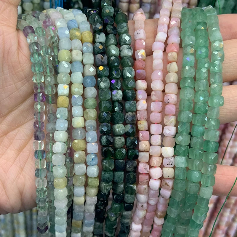 4-5mm Natural Fluorite Aquamarine Moss Agate Pink Opal Aventurine Beads Faceted Cube DIY Loose Beads For Jewelry Making Beads