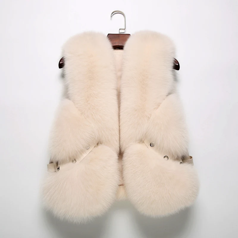 ZDFURS* из натурального меха лисы жилет короткий без рукавов Vestwoman зимние теплые натуральный меховой жилет натуральным лисьим мехом Меховая куртка лисий мех пальто - Цвет: beige