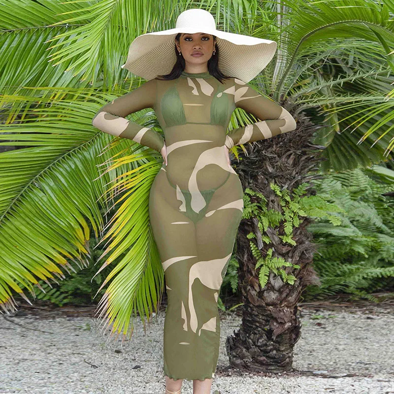 

Women Sheer Mesh Skinny Long Dress Tie Dye Print See-through Turtleneck Long Sleeve Slim Fit Pencil Dress Summer Clothing