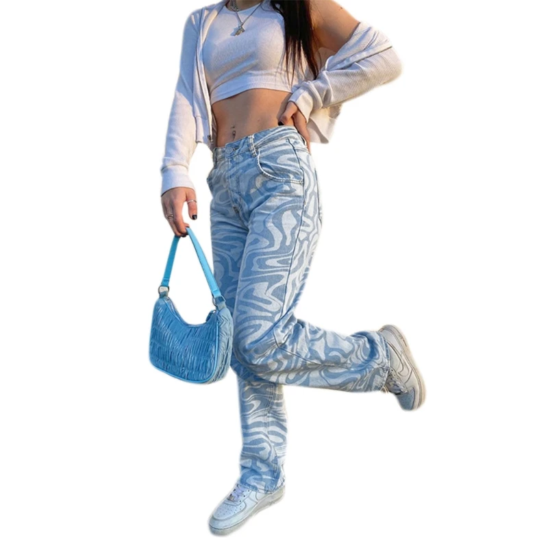 

Women Harajuku Baggy High Waist Straight Pants Vintage Casual Loose Streetwear with Pockets Stripe Printing Trousers L41B