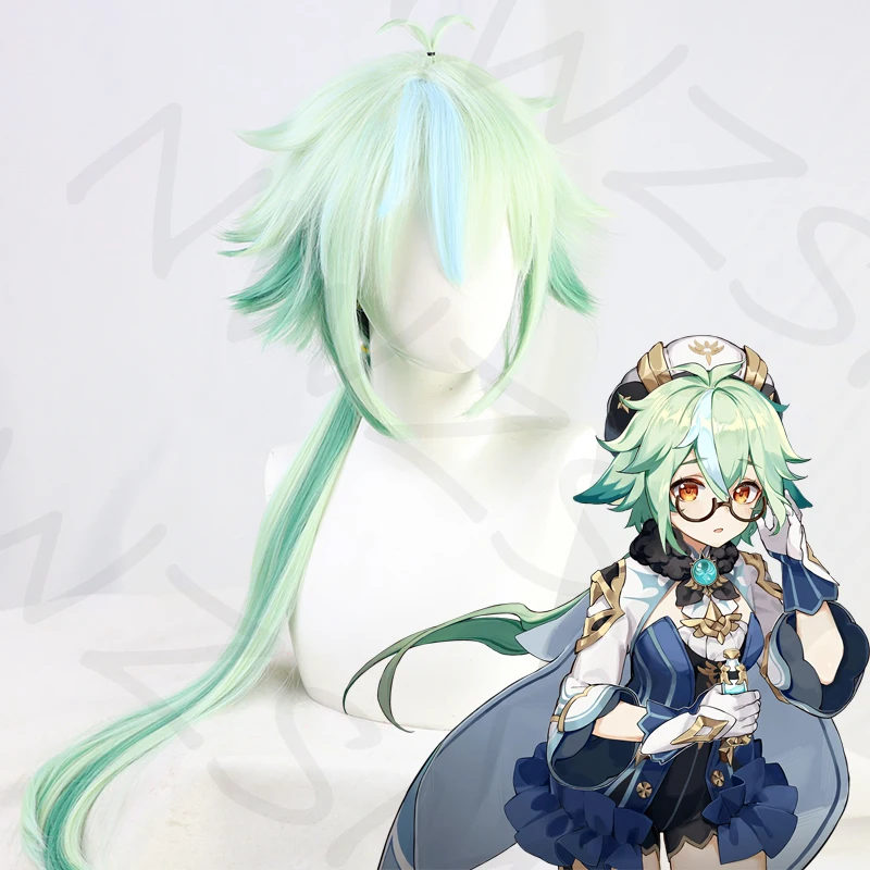 Genshin воздействия сахароза парик Косплэй длинные прямые смешанный зеленый