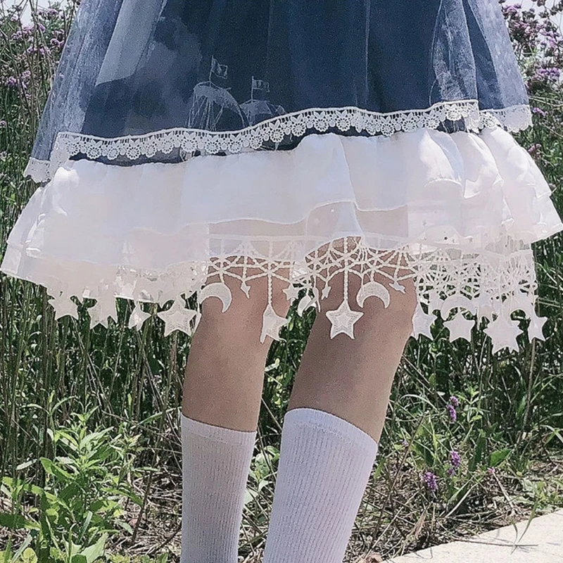 

Women Lolita White Tulle Petticoat Skirt Sweet Moon Star Fringe Tassel Hem Adjustable 2 Hoops Underskirt Prom Crinoline