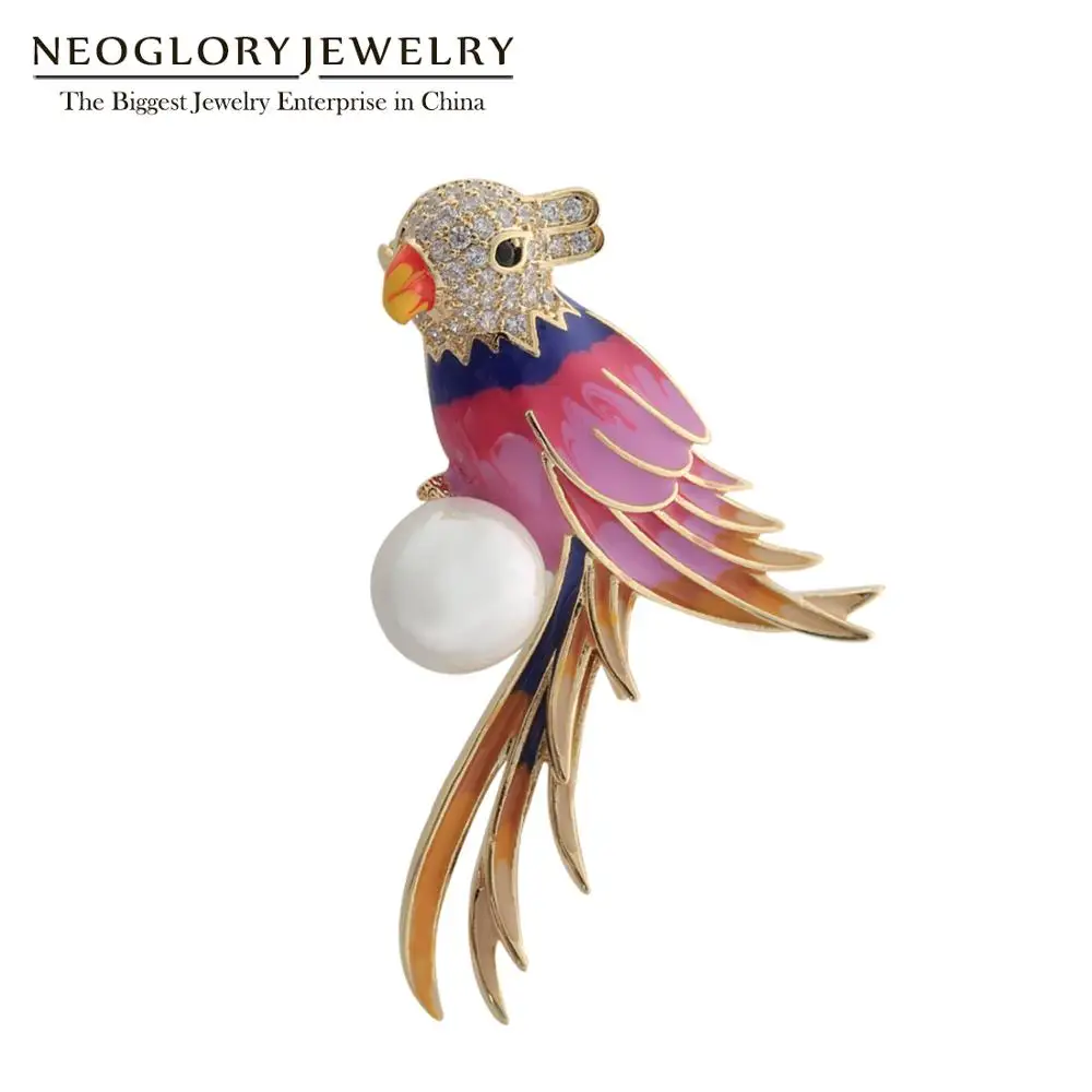 Женская Брошь в виде попугая Neoglory эмалированная брошь с фианитами класса ААА и