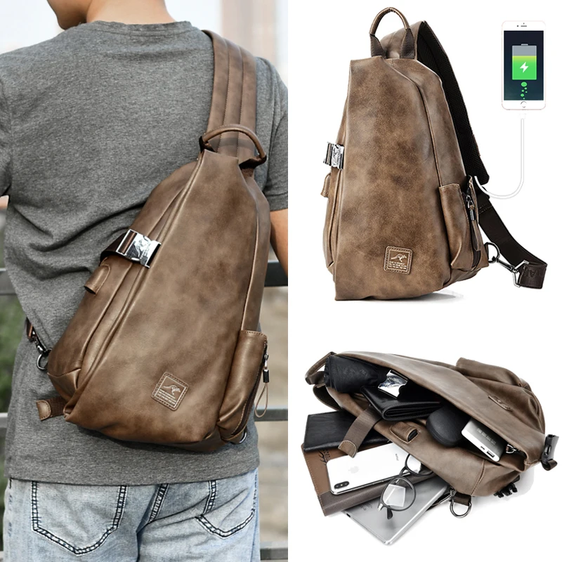 

2021 New Men Multifunction Leather Crossbody Bags USB Charging Chest Pack Short Trip Water Repellent Shoulder Messengers Bag