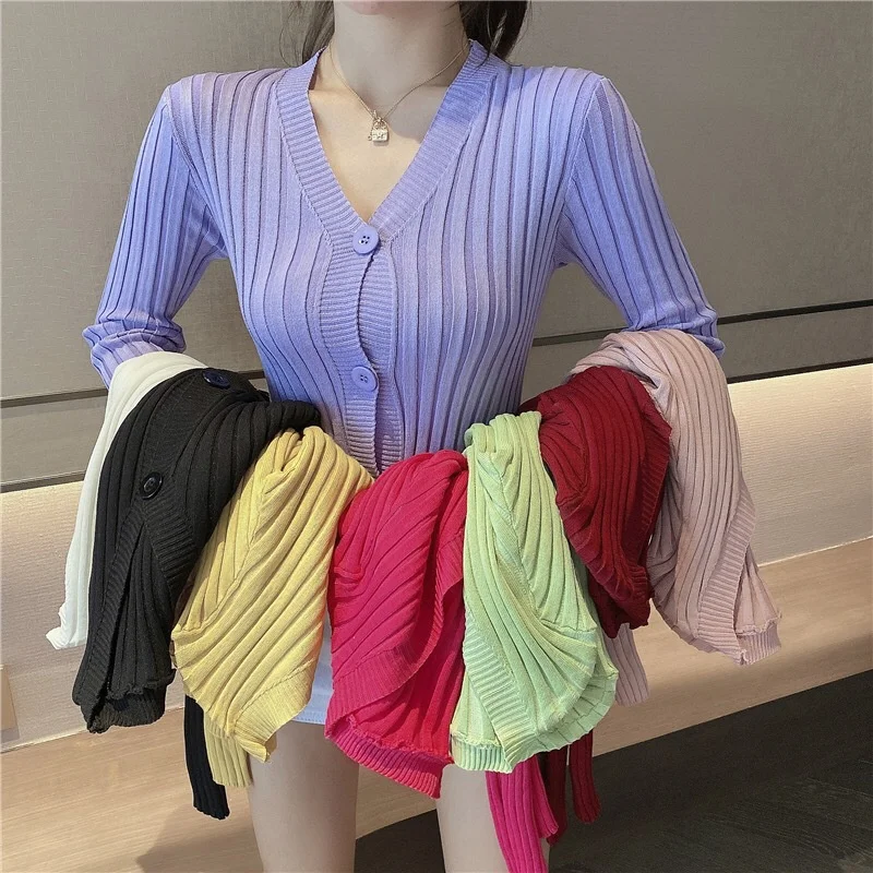 

Korean Basic Solid Knitted Crop Cardigan Women Single Breasted Sweater Leisure All-match Long Sleeve V Neck Purple White Tops