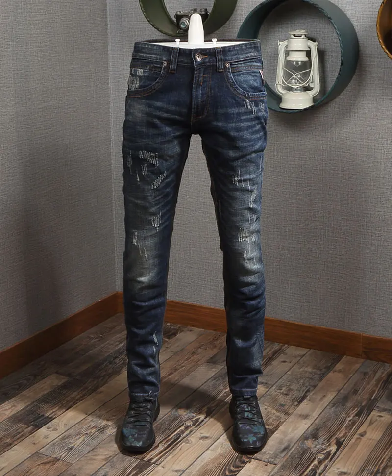 

Новинка 2021, модные мужские джинсы в стиле ретро, облегающие эластичные рваные джинсы, мужские джинсовые мешковатые брюки, высококачественн...