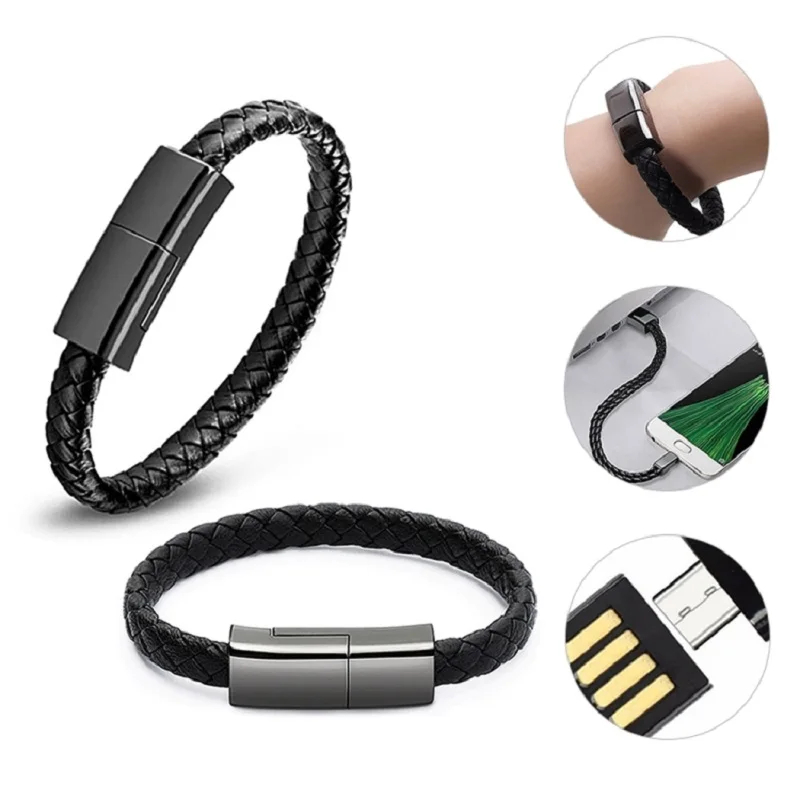 

USB Bracelet Charging Cable for iPhone 12 11 Xiaomi Samsung Type C Cable PU Leather Wristband Bracelet USB Data Cable