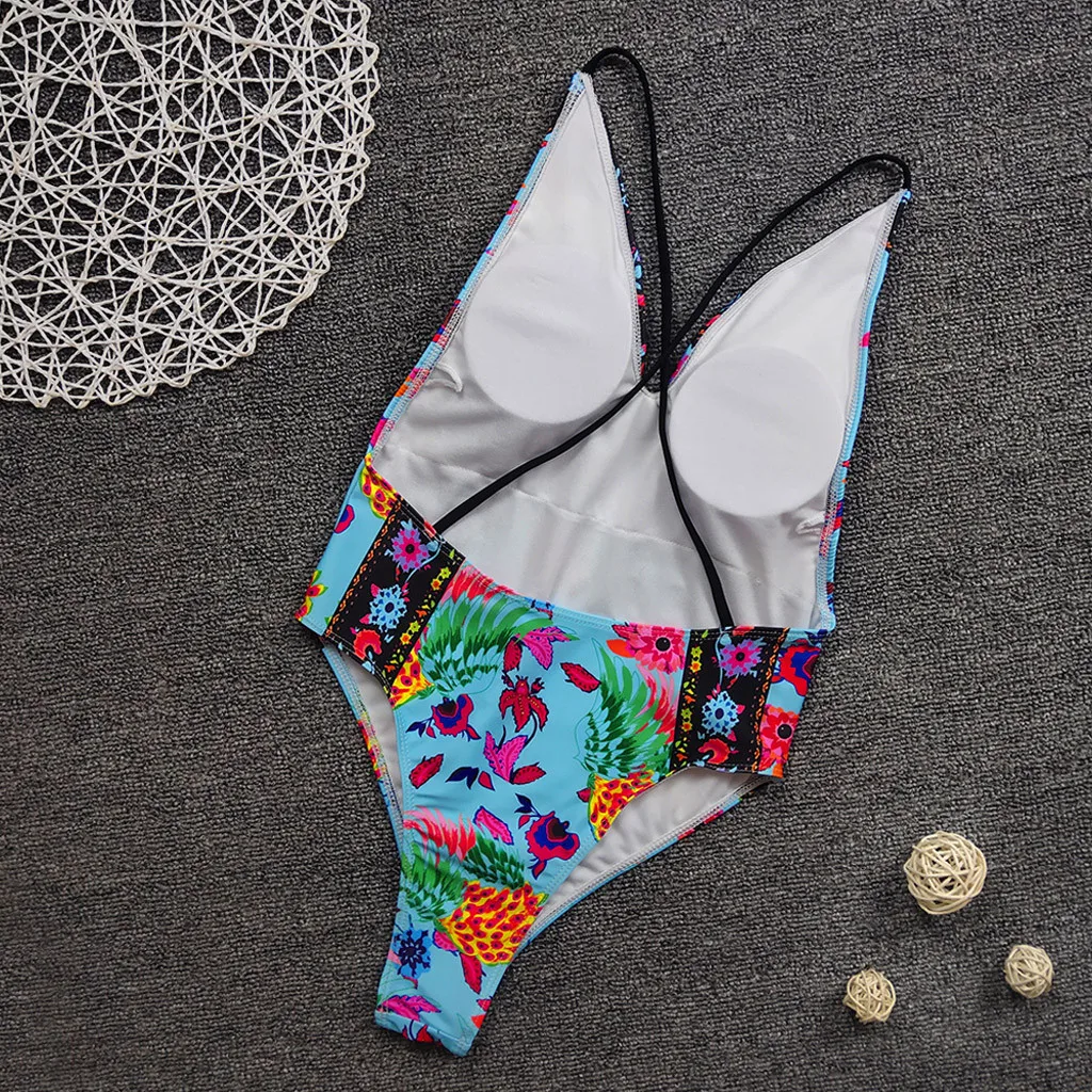 Boho v neck Floral Print Bandeau One Piece Swimsuit Summer Sandy Swimwear Beach wear Swimming Suit maillot de bain femme tankini |