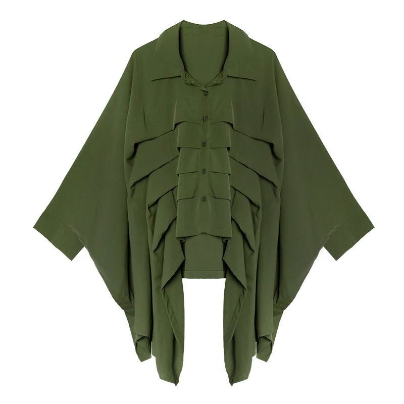 

GALCAUR Patchwork Ruffles Shirt For Women Lapel Collar Batwing Long Sleeve Asymmetric Hem Oversized Blouse Female 2020 Clothing