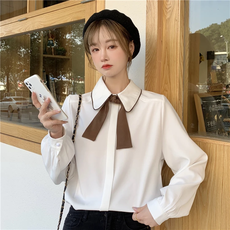 

Шифоновая Свободная Женская рубашка, новые модные блузки, повседневные блузы с длинным рукавом, Однотонная рубашка с бантом, осенняя одежда